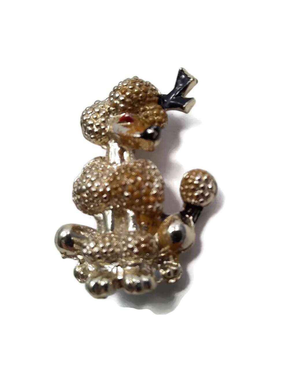 Small Vintage Gold Tone Poodle Brooch with Red and Black Enamel.